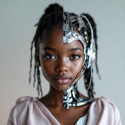 The primary subject of the image is a young girl with a mix of human and robotic features. She is wearing a pink shirt and has a mix of human and robotic elements, such as a robotic head and a human head. The setting is a studio, and the visual style is a combination of photo and digital art. The colors and mood of the image are predominantly pink, which gives it a warm and inviting atmosphere.